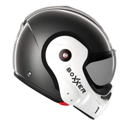 Casque de moto Roof RO9 gris-blanc vue de profil droite en mode intégral Casque de moto Roof RO9 gris-blanc vue de profil droite en mode intégral