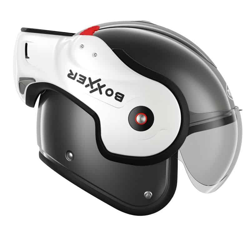 Casque de moto Roof RO9 gris-blanc vue de profil droite en mode jet Casque de moto Roof RO9 gris-blanc vue de profil droite en mode jet